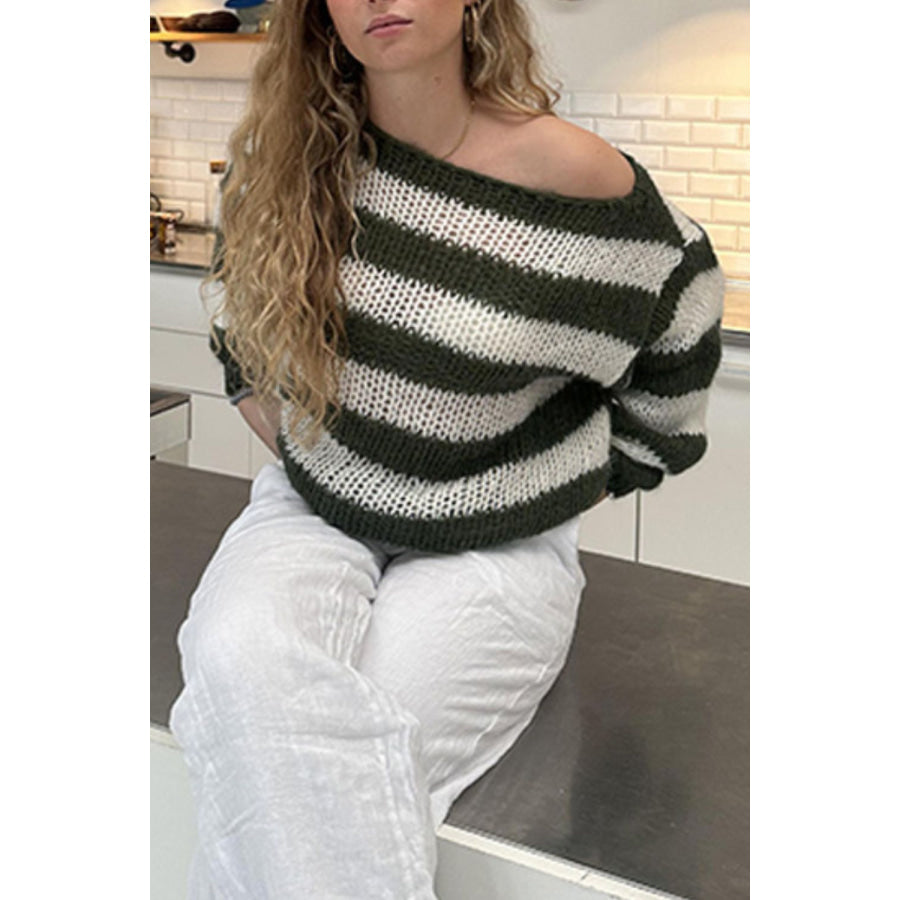 Contrast Striped Boat Neck Long Sleeve Sweater Apparel and Accessories