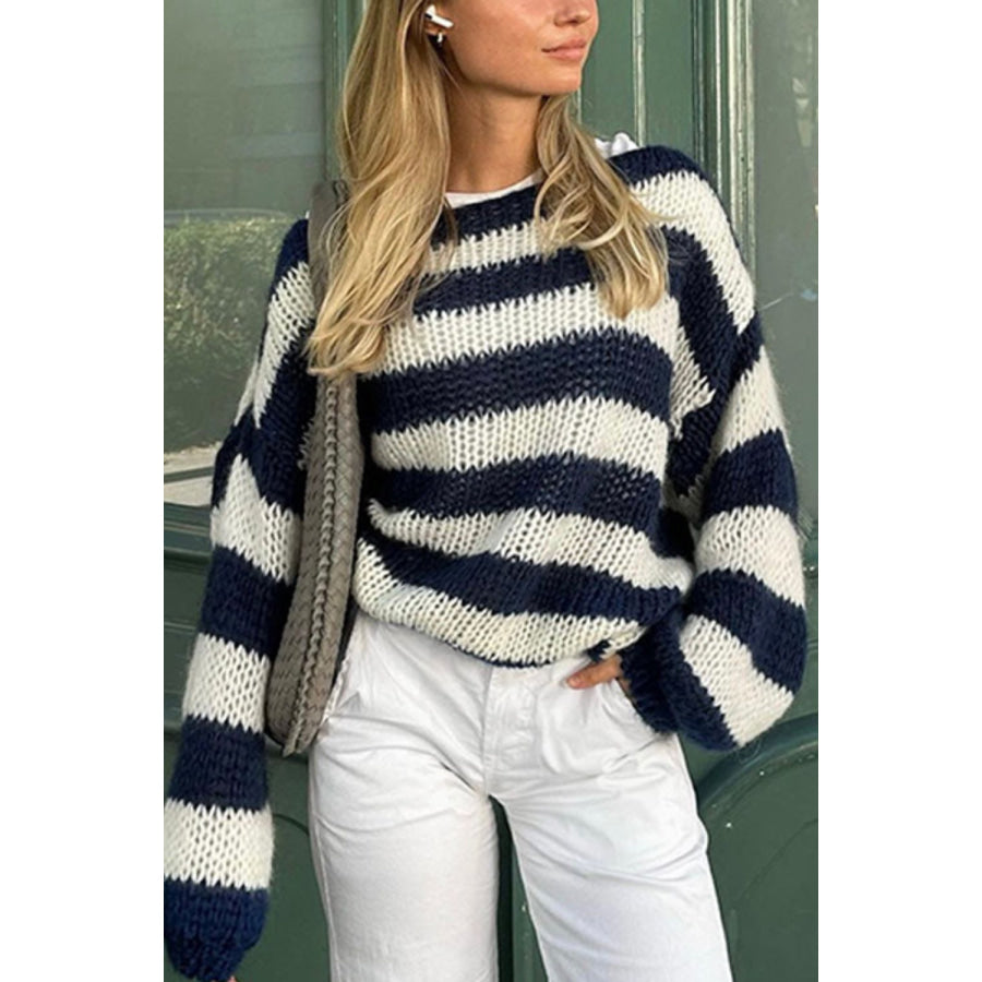 Contrast Striped Boat Neck Long Sleeve Sweater Apparel and Accessories