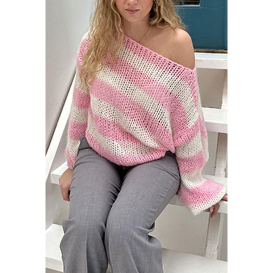 Contrast Striped Boat Neck Long Sleeve Sweater Blush Pink / S Apparel and Accessories