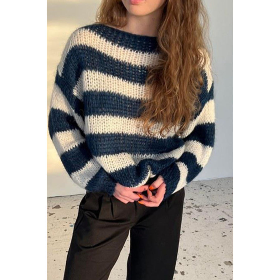 Contrast Striped Boat Neck Long Sleeve Sweater Apparel and Accessories