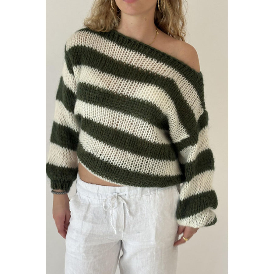 Contrast Striped Boat Neck Long Sleeve Sweater Army Green / S Apparel and Accessories