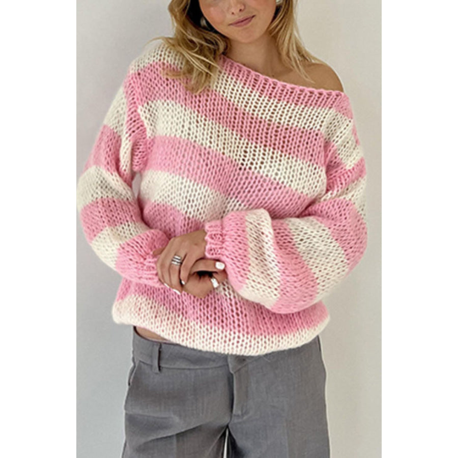 Contrast Striped Boat Neck Long Sleeve Sweater Blush Pink / S Apparel and Accessories