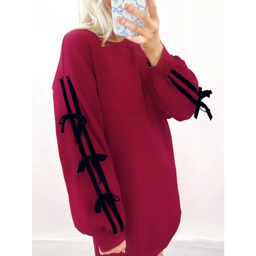 Contrast Striped Bow Detail Drop Shoulder Sweatshirt Dress with Pockets Apparel and Accessories