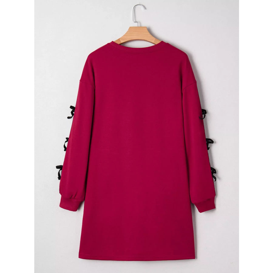 Contrast Striped Bow Detail Drop Shoulder Sweatshirt Dress with Pockets Apparel and Accessories