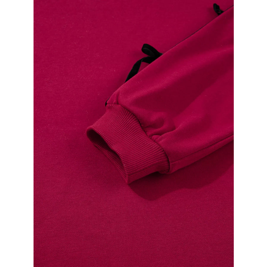 Contrast Striped Bow Detail Drop Shoulder Sweatshirt Dress with Pockets Apparel and Accessories