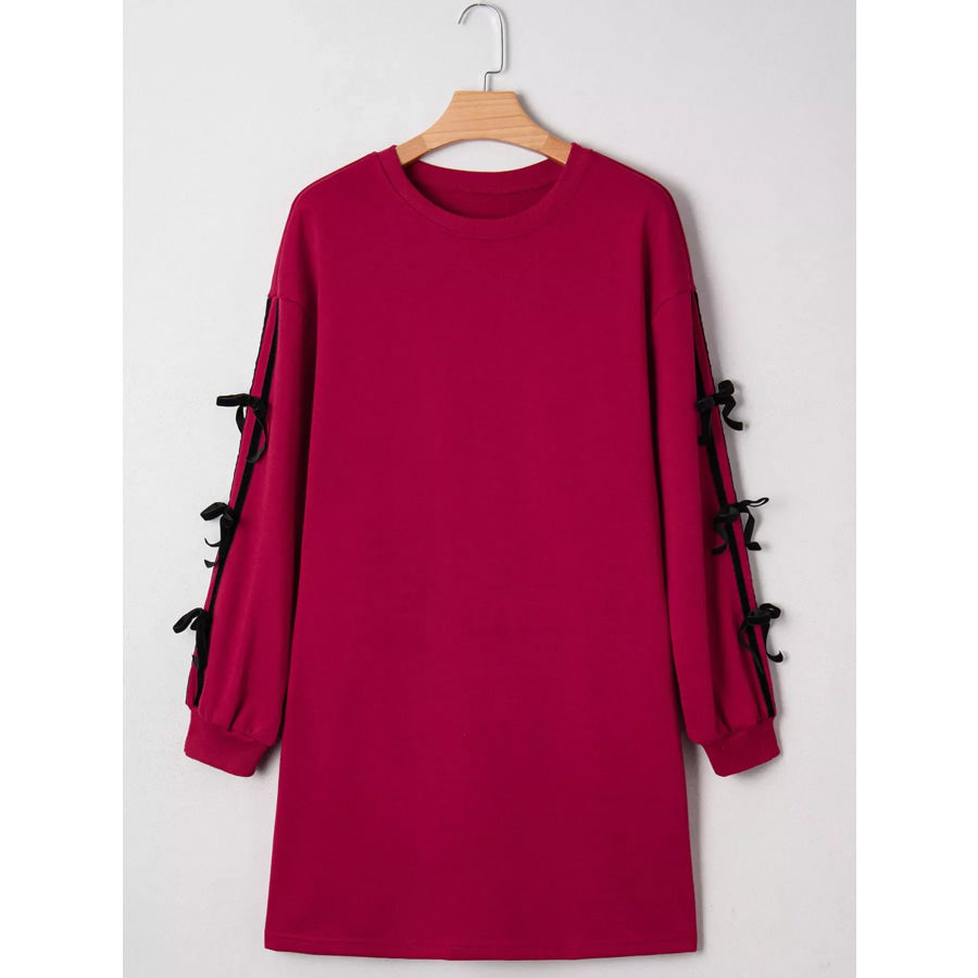 Contrast Striped Bow Detail Drop Shoulder Sweatshirt Dress with Pockets Apparel and Accessories