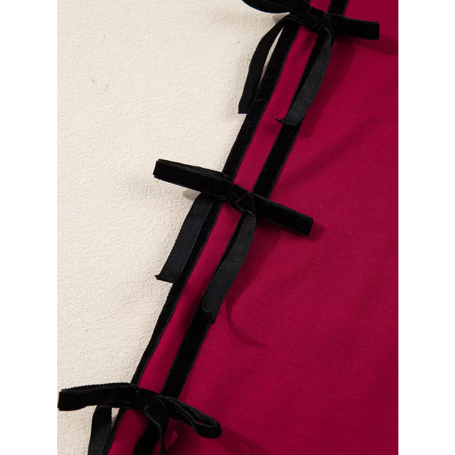 Contrast Striped Bow Detail Drop Shoulder Sweatshirt Dress with Pockets Apparel and Accessories