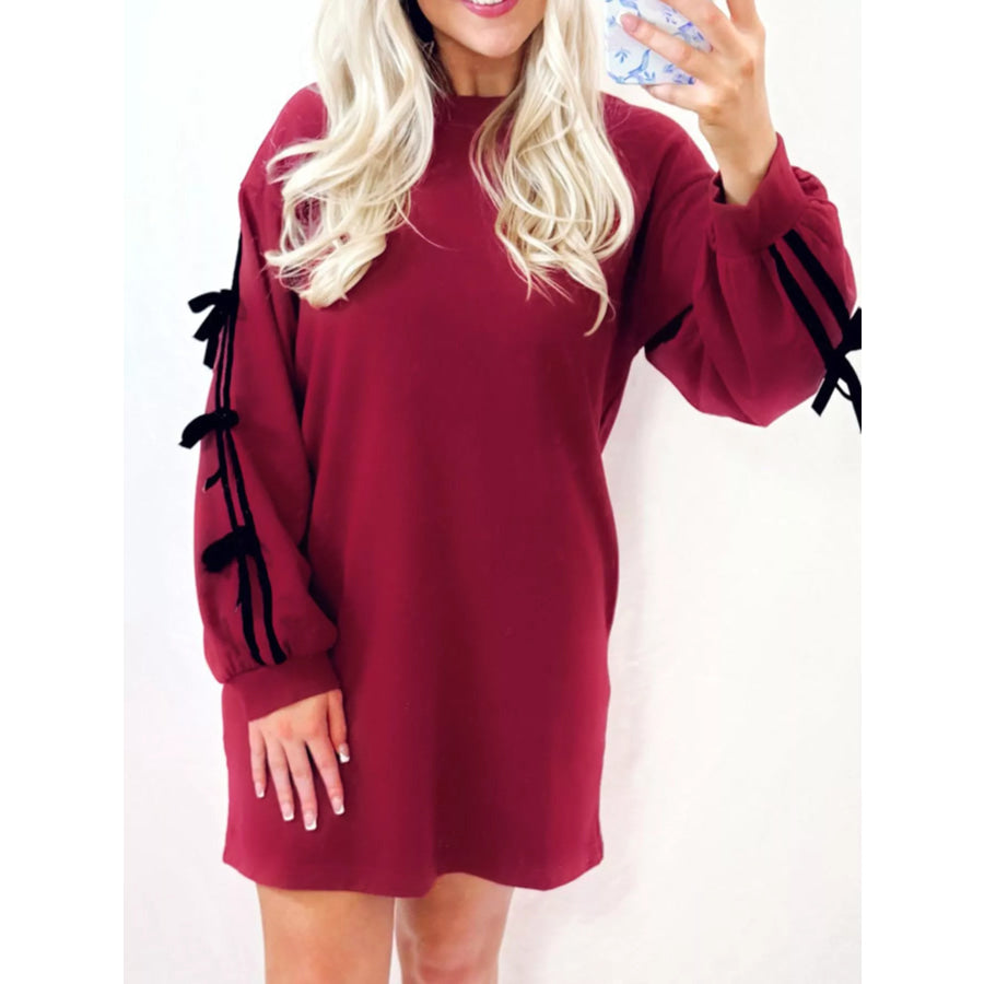 Contrast Striped Bow Detail Drop Shoulder Sweatshirt Dress with Pockets Burgundy / S Apparel and Accessories