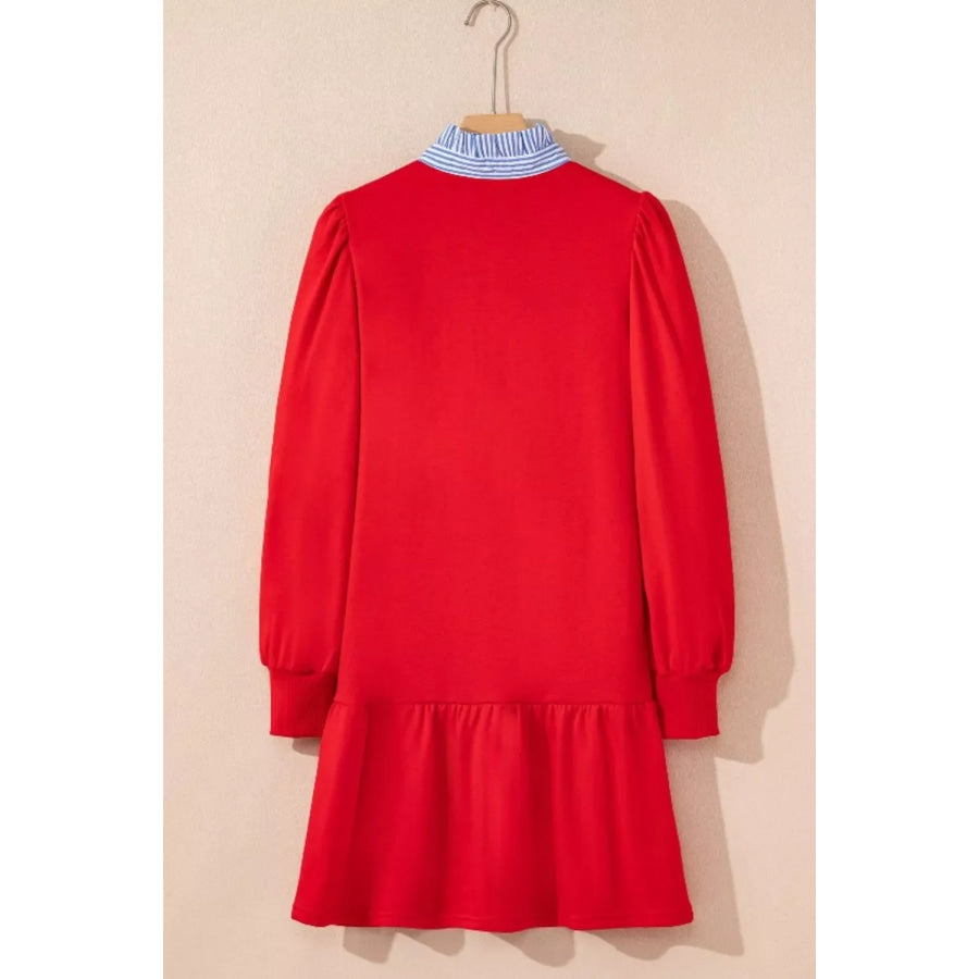 Contrast Striped Collar Patchwork Puff Sleeve Ruffle Hem Mini Dress Apparel and Accessories