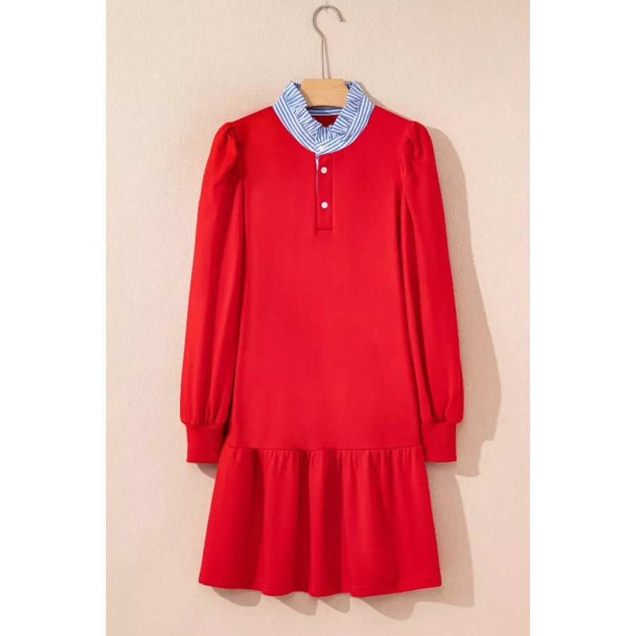 Contrast Striped Collar Patchwork Puff Sleeve Ruffle Hem Mini Dress Apparel and Accessories