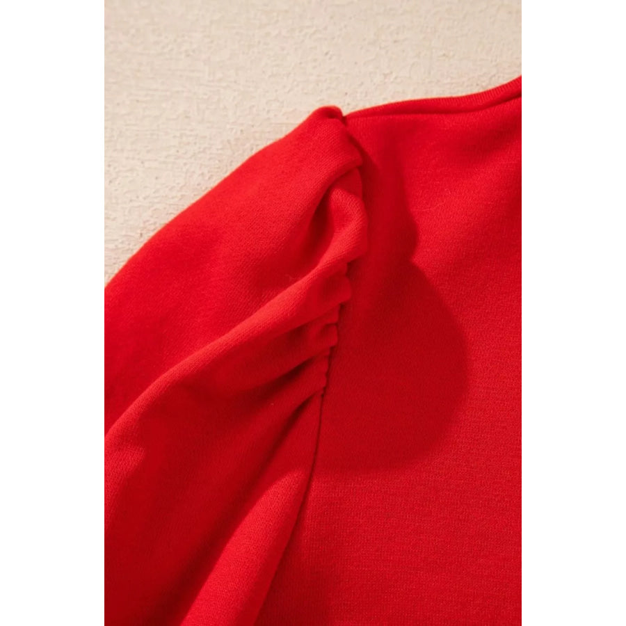 Contrast Striped Collar Patchwork Puff Sleeve Ruffle Hem Mini Dress Apparel and Accessories