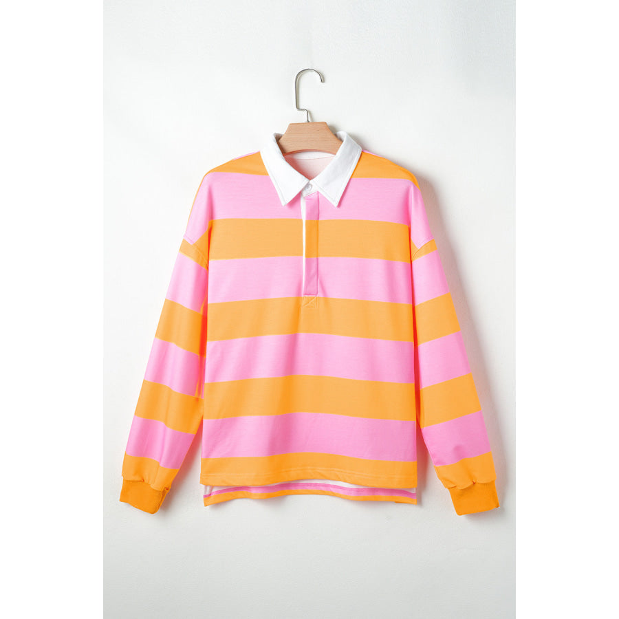 Contrast Striped Collared Neck Long Sleeve Sweatshirt Apparel and Accessories