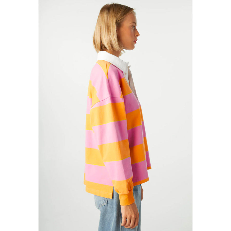 Contrast Striped Collared Neck Long Sleeve Sweatshirt Apparel and Accessories