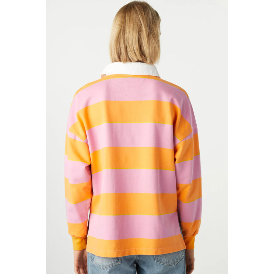 Contrast Striped Collared Neck Long Sleeve Sweatshirt Apparel and Accessories