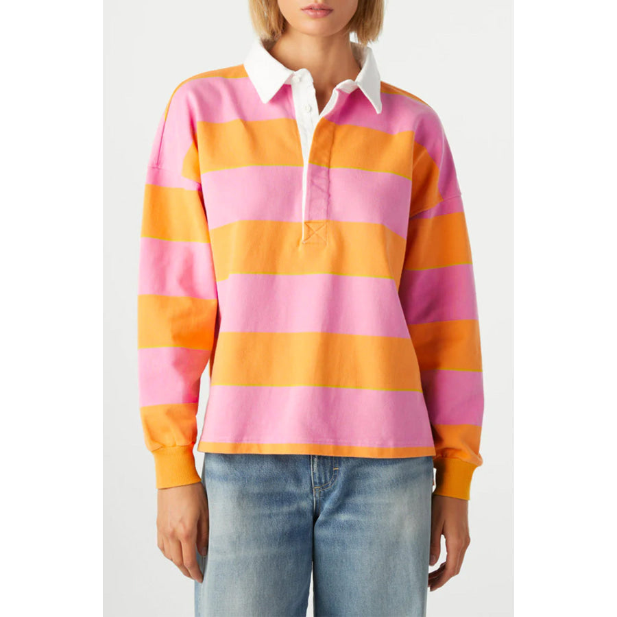 Contrast Striped Collared Neck Long Sleeve Sweatshirt Apparel and Accessories