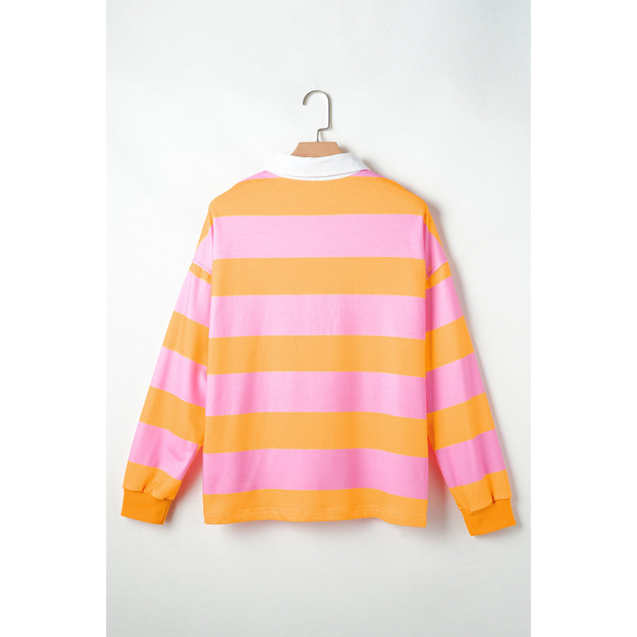 Contrast Striped Collared Neck Long Sleeve Sweatshirt Apparel and Accessories