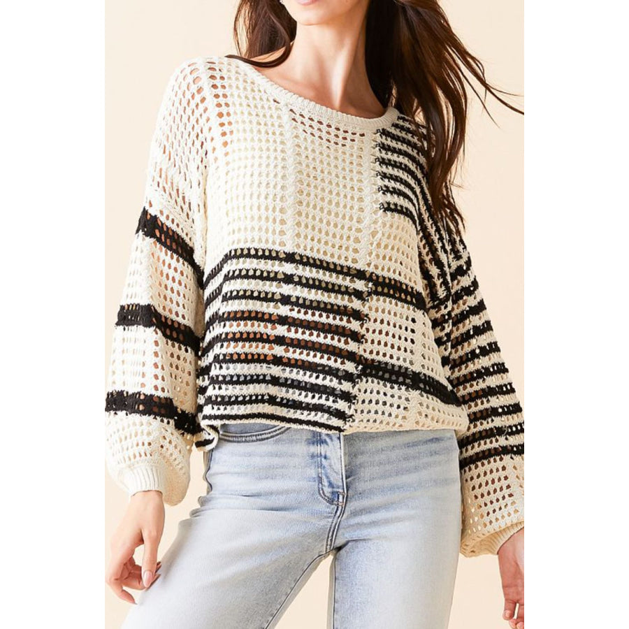 Contrast Striped Crochet Long Sleeve Knit Cover Up White / S Apparel and Accessories