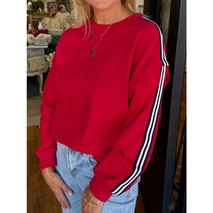 Contrast Striped Detail Varsity Sweatshirt Deep Red / S Apparel and Accessories