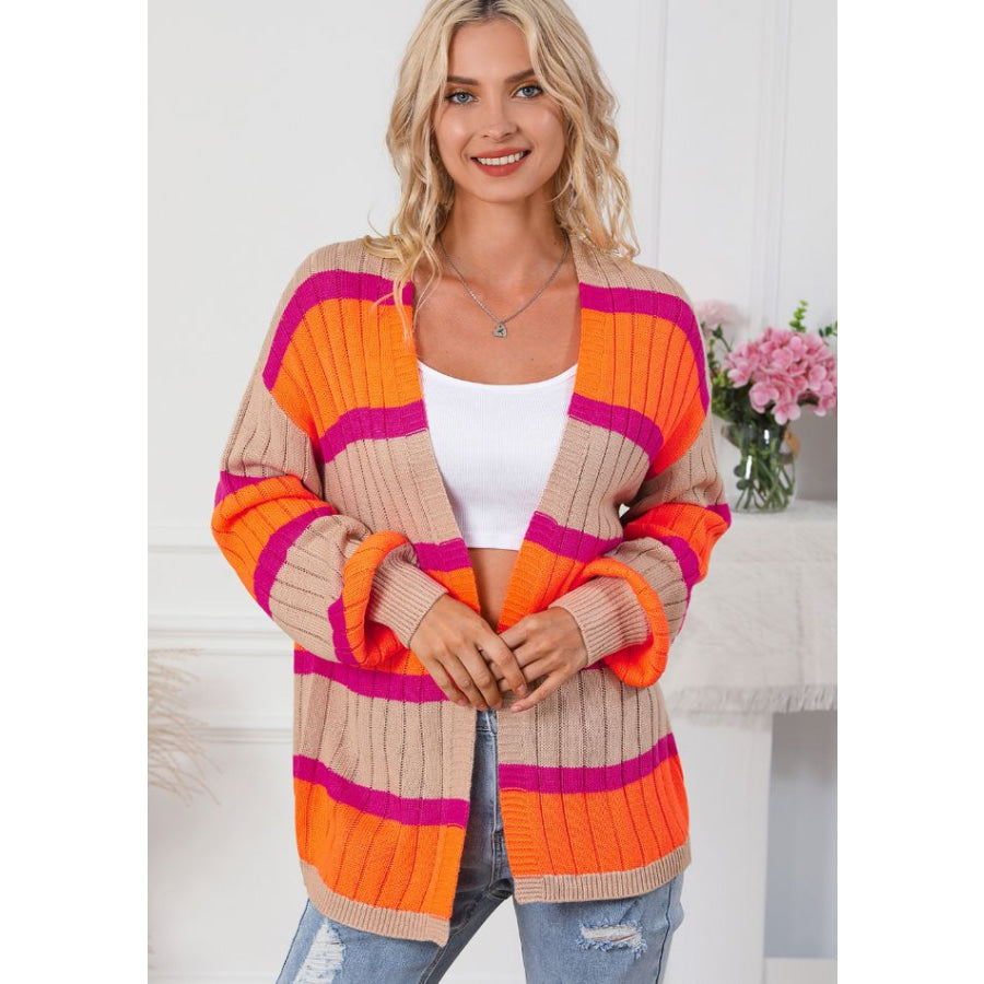 Contrast Striped Drop Shoulder Open Front Cardigan Apparel and Accessories