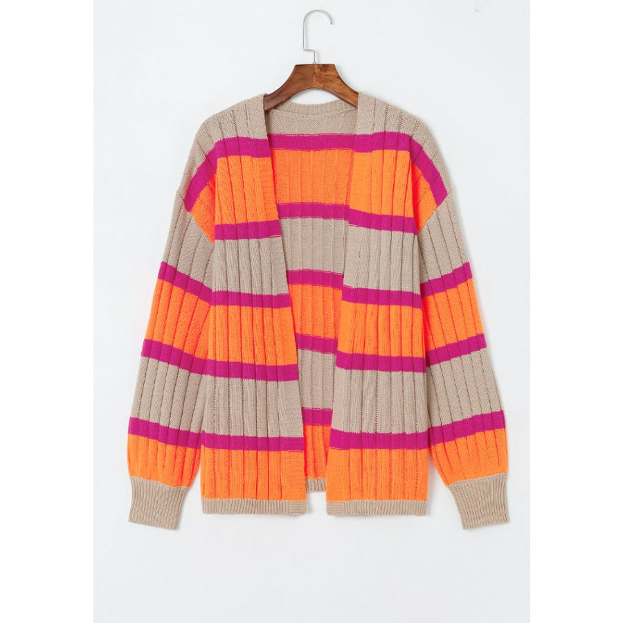 Contrast Striped Drop Shoulder Open Front Cardigan Apparel and Accessories