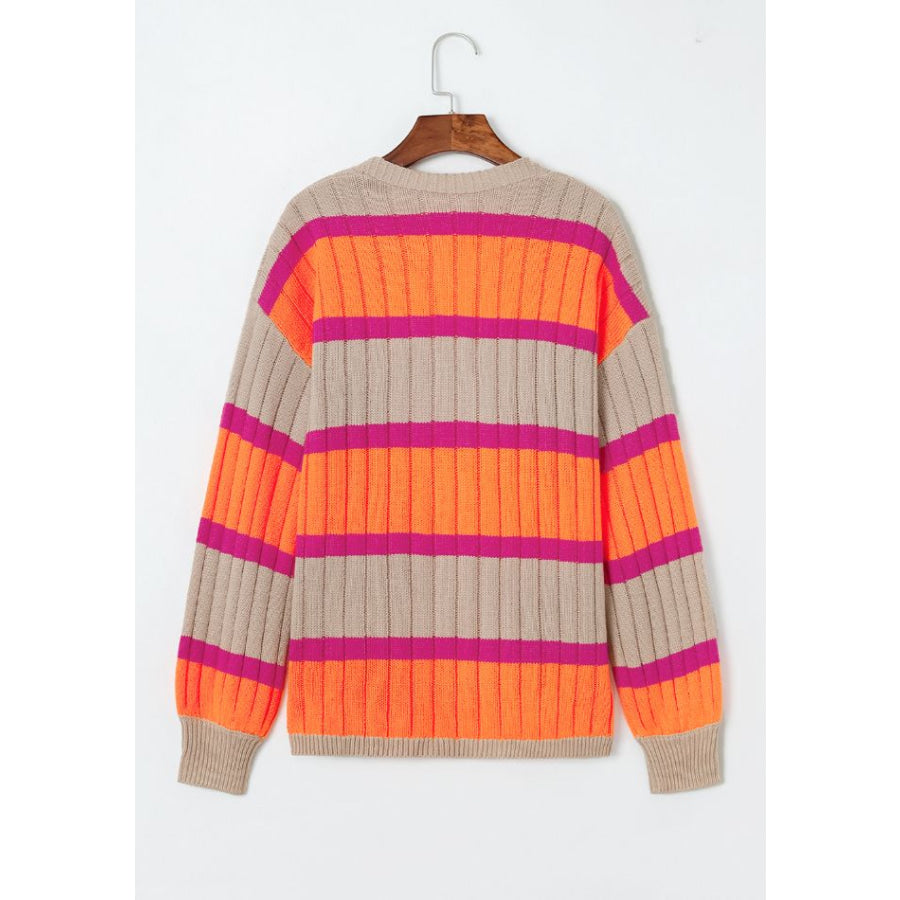 Contrast Striped Drop Shoulder Open Front Cardigan Apparel and Accessories