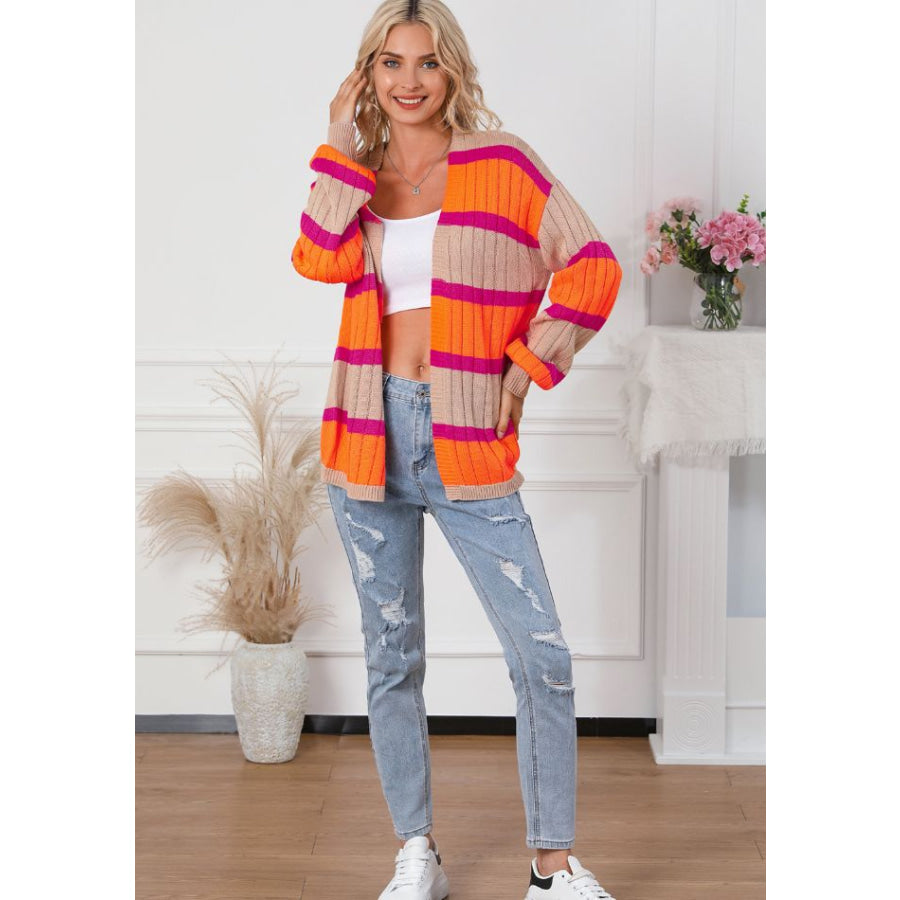 Contrast Striped Drop Shoulder Open Front Cardigan Apparel and Accessories