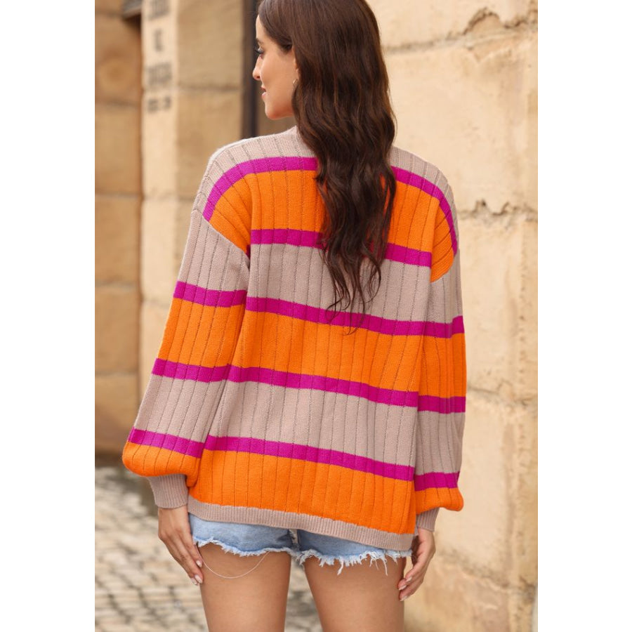 Contrast Striped Drop Shoulder Open Front Cardigan Apparel and Accessories