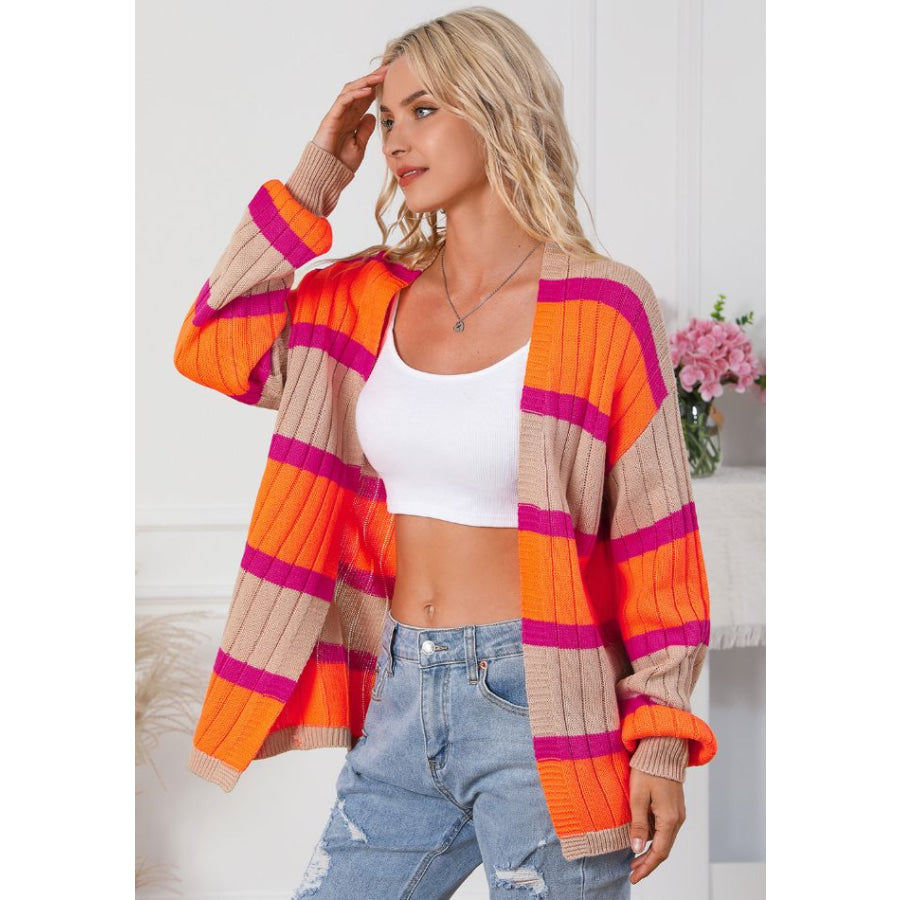 Contrast Striped Drop Shoulder Open Front Cardigan Apparel and Accessories