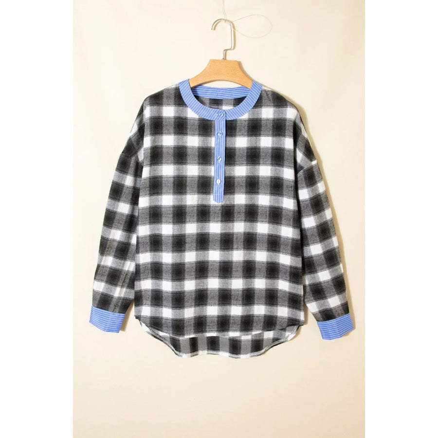 Contrast Striped Edge Half Placket Plaid Blouse Apparel and Accessories