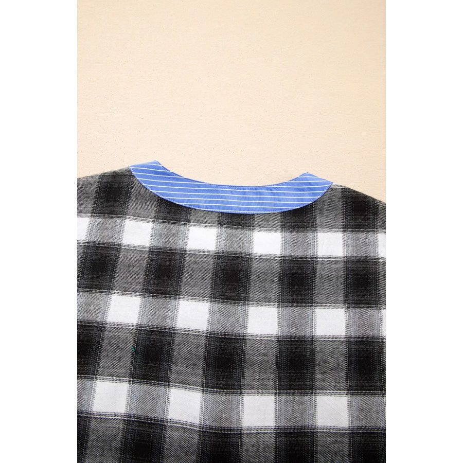 Contrast Striped Edge Half Placket Plaid Blouse Apparel and Accessories