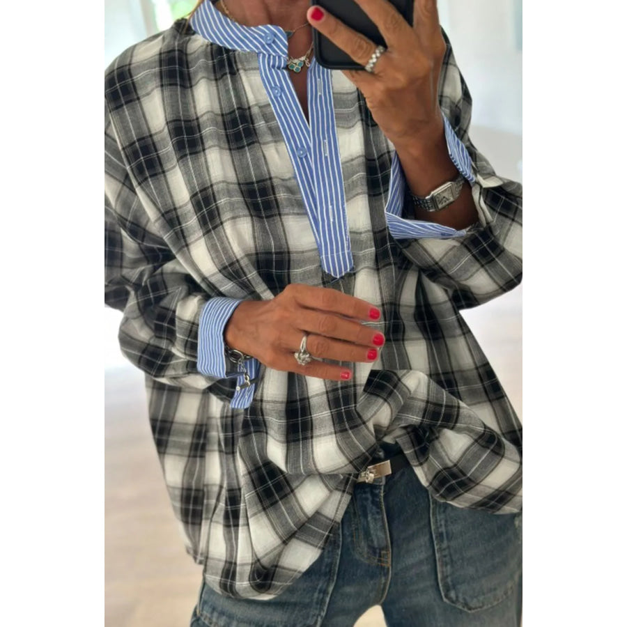 Contrast Striped Edge Half Placket Plaid Blouse Apparel and Accessories