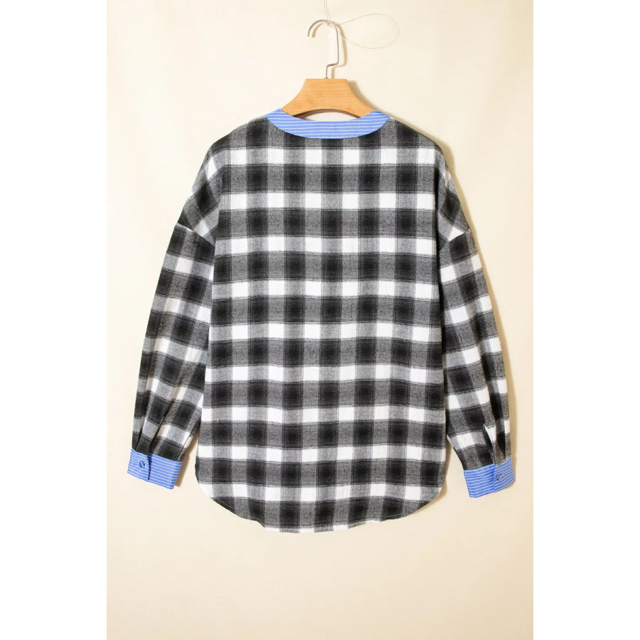 Contrast Striped Edge Half Placket Plaid Blouse Apparel and Accessories