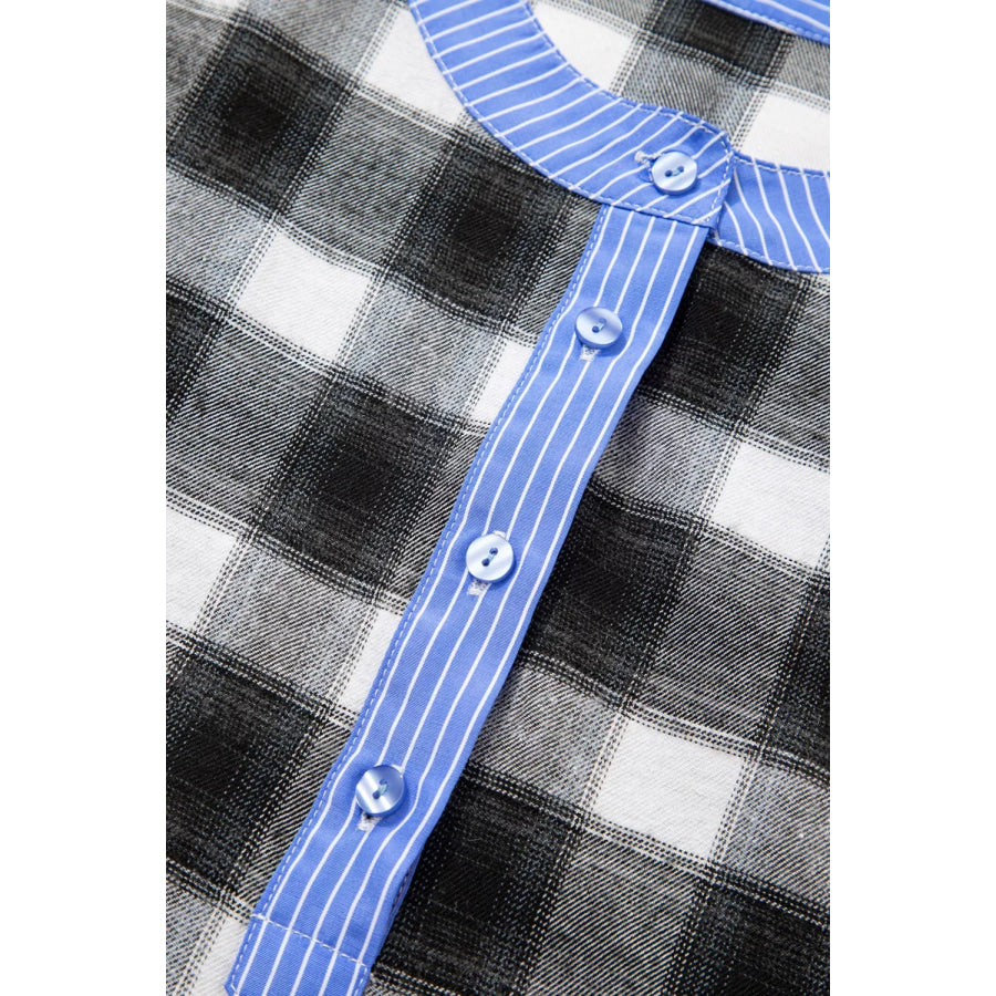 Contrast Striped Edge Half Placket Plaid Blouse Apparel and Accessories