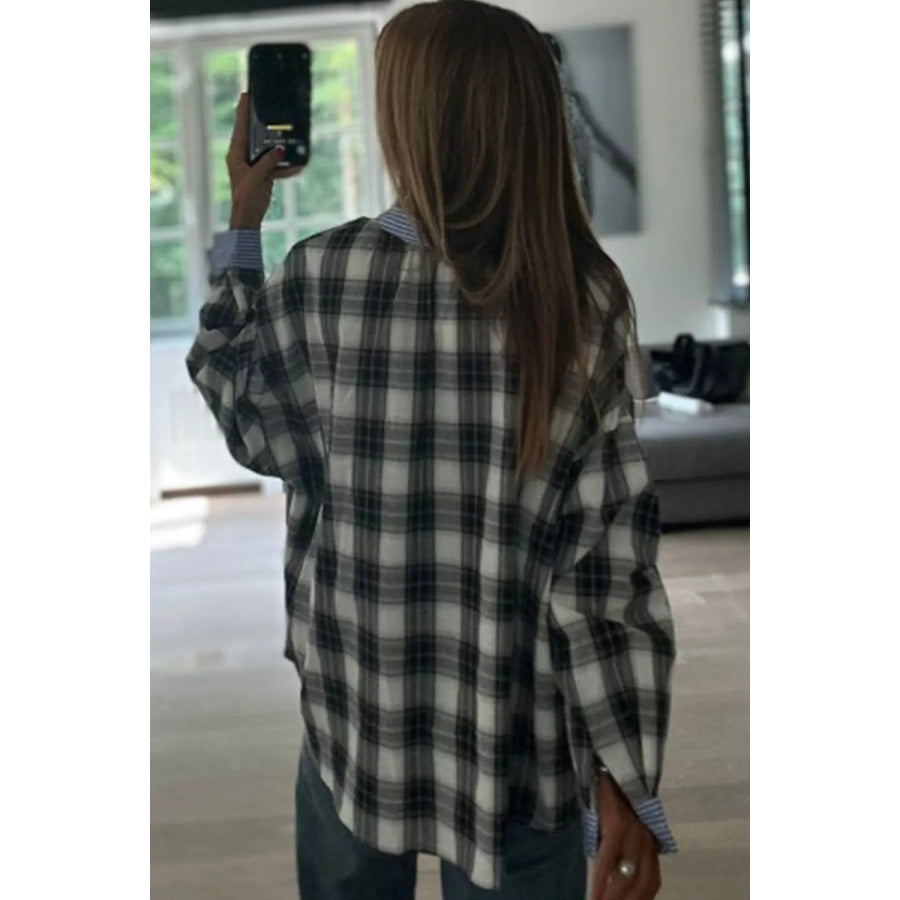Contrast Striped Edge Half Placket Plaid Blouse Apparel and Accessories