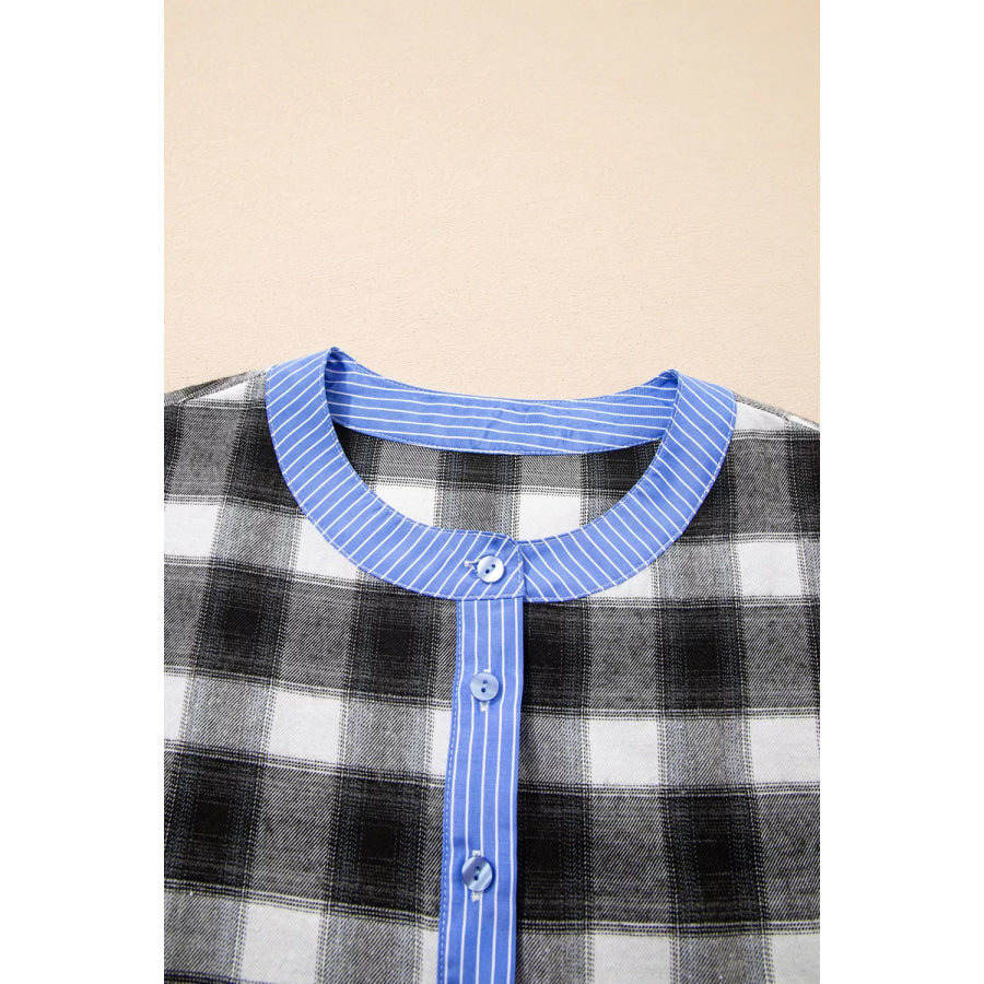Contrast Striped Edge Half Placket Plaid Blouse Apparel and Accessories