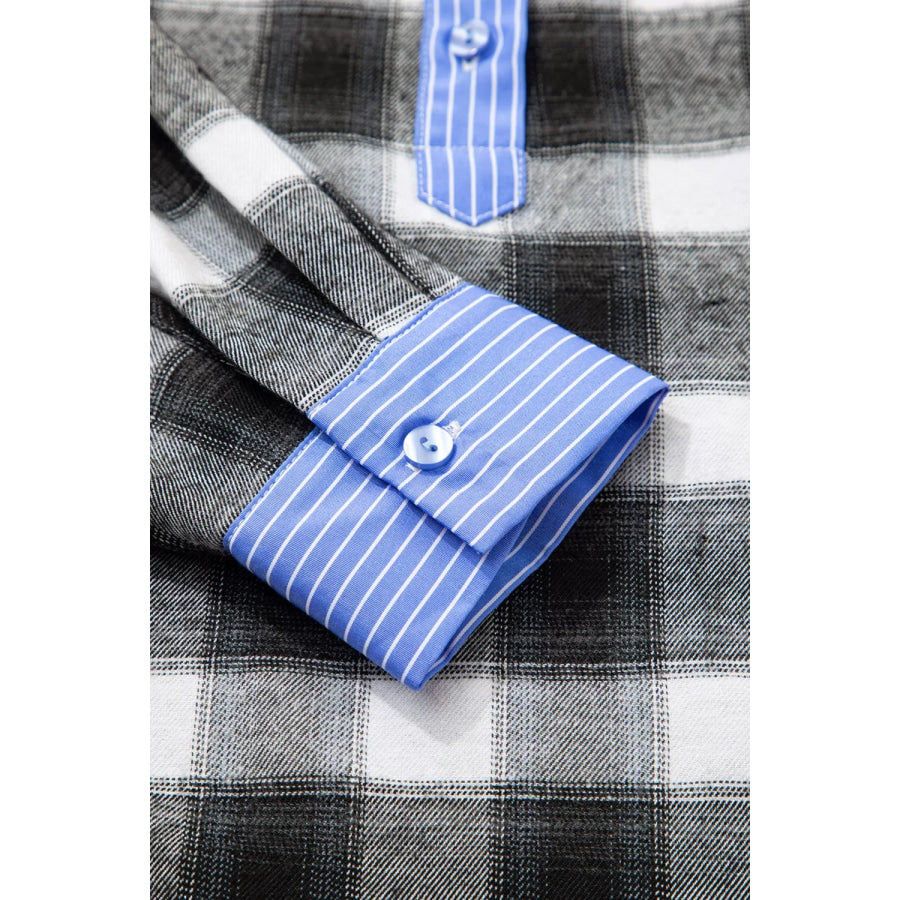 Contrast Striped Edge Half Placket Plaid Blouse Apparel and Accessories