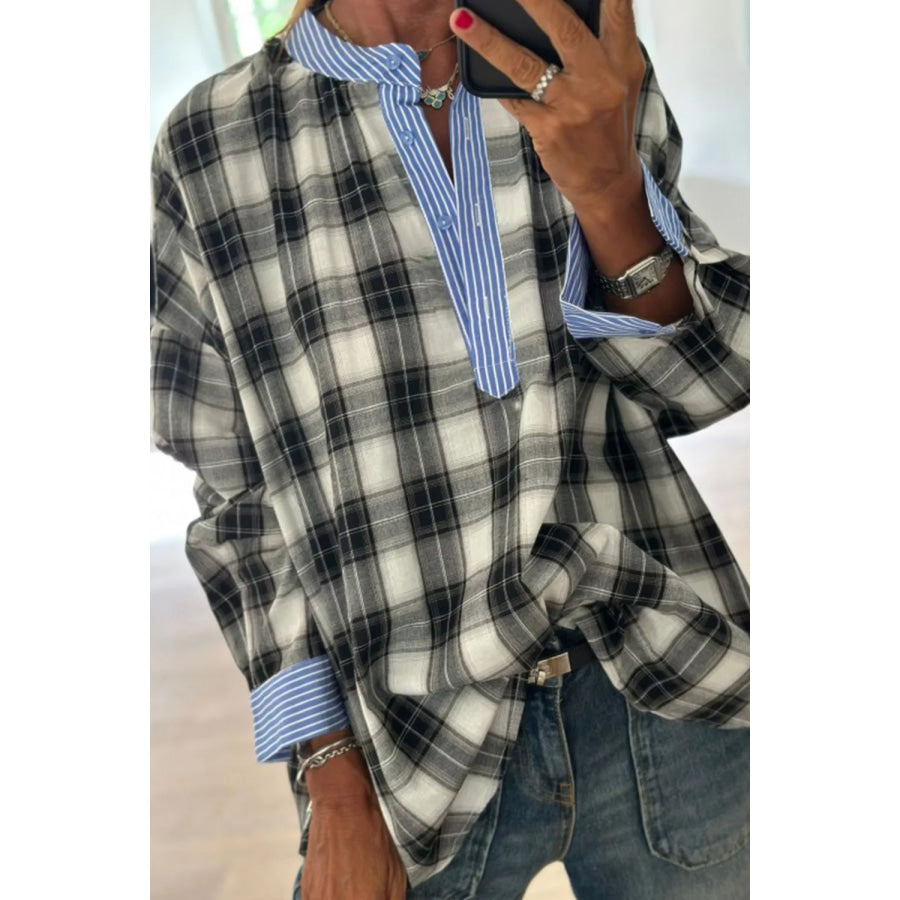 Contrast Striped Edge Half Placket Plaid Blouse Black / S Apparel and Accessories