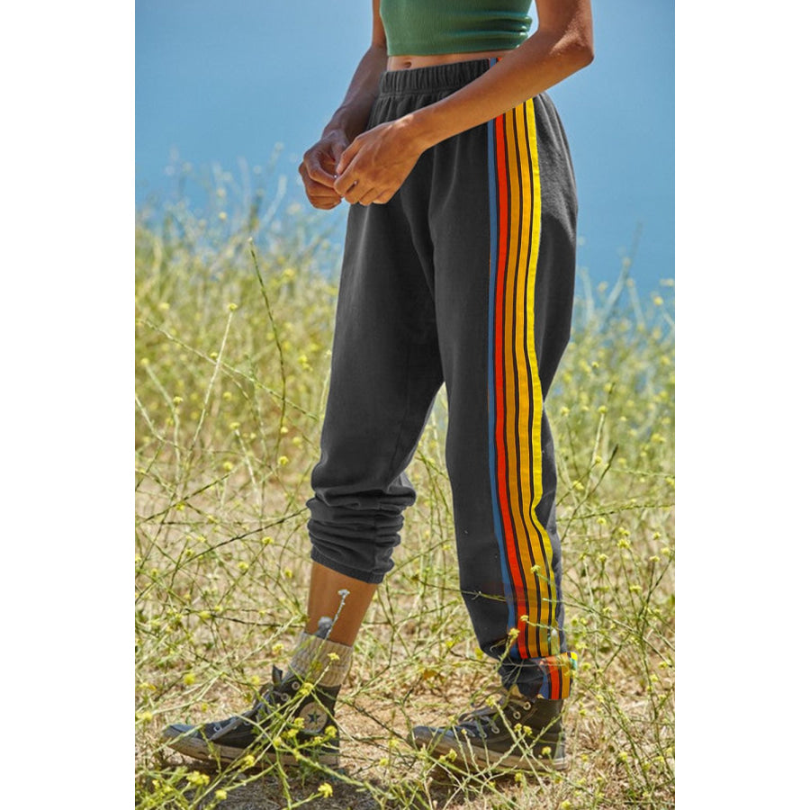 Contrast Striped Elastic Waist Active Pants Apparel and Accessories