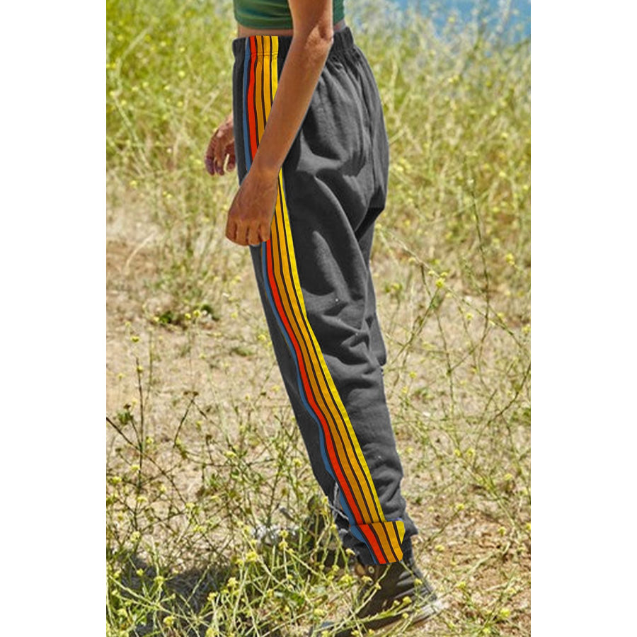 Contrast Striped Elastic Waist Active Pants Apparel and Accessories