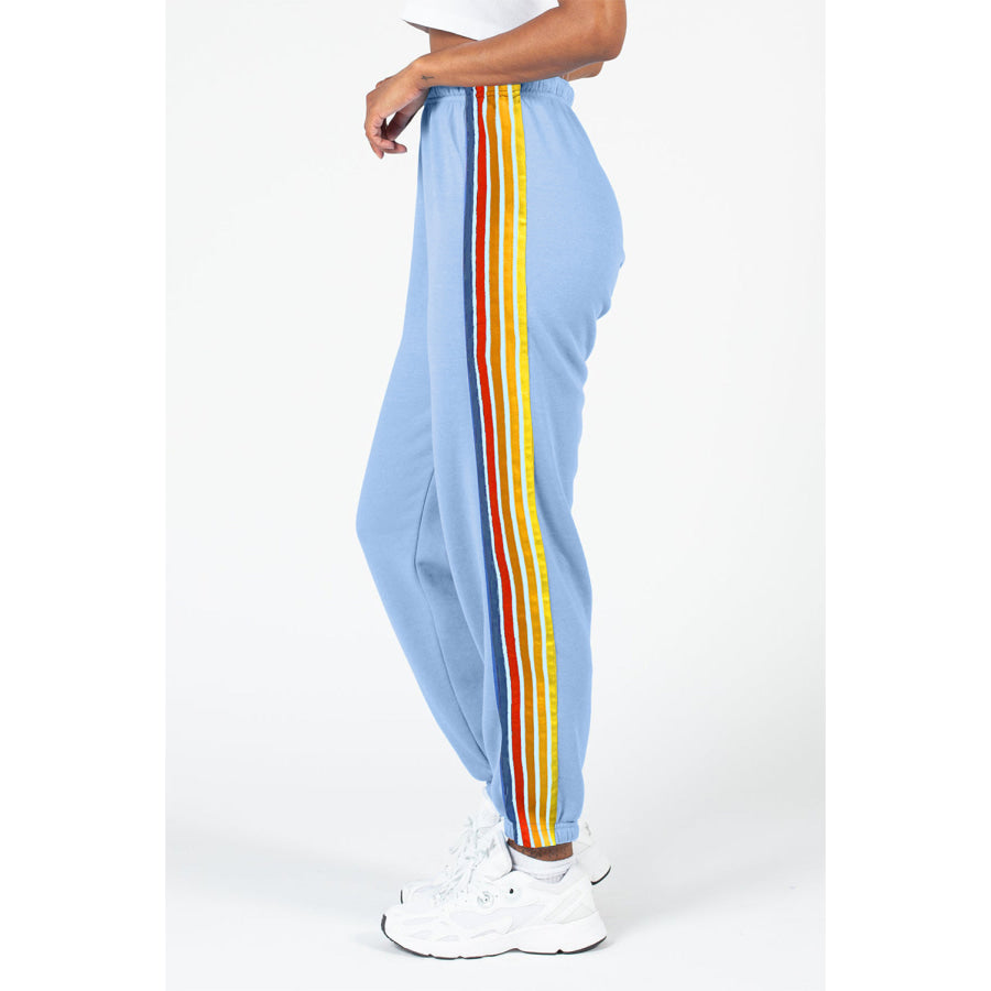 Contrast Striped Elastic Waist Active Pants Light Blue / S Apparel and Accessories