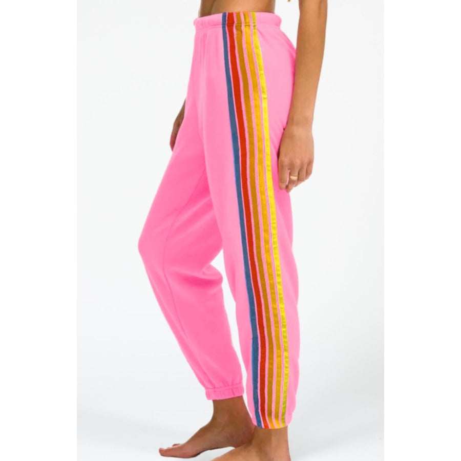 Contrast Striped Elastic Waist Active Pants Pink / S Apparel and Accessories