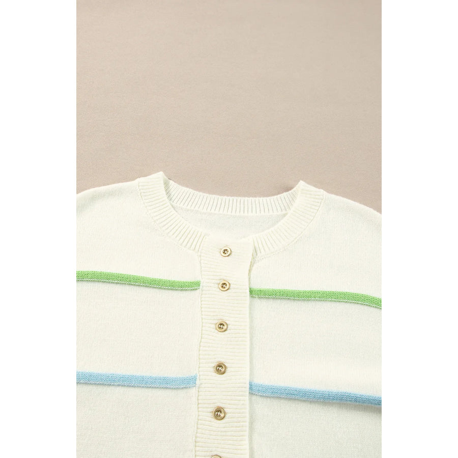 Contrast Striped Half Button Round Neck Sweater Apparel and Accessories