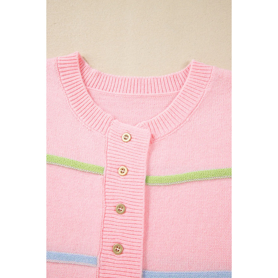 Contrast Striped Half Button Round Neck Sweater Apparel and Accessories