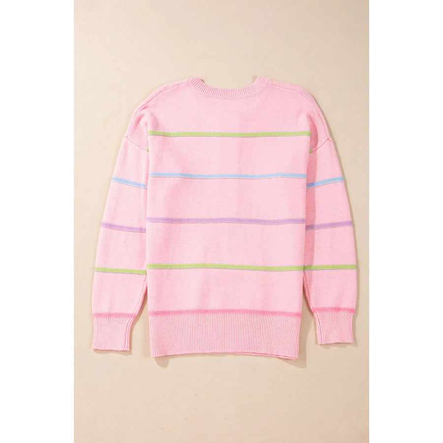 Contrast Striped Half Button Round Neck Sweater Apparel and Accessories