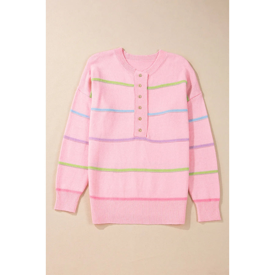 Contrast Striped Half Button Round Neck Sweater Blush Pink / S Apparel and Accessories