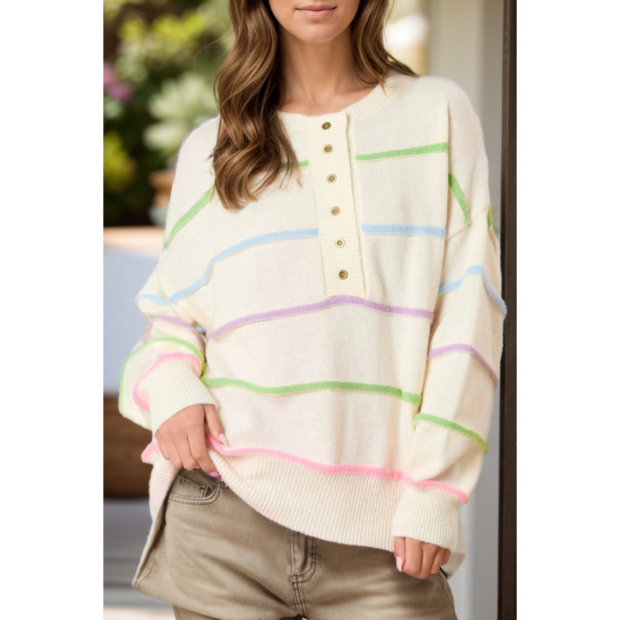 Contrast Striped Half Button Round Neck Sweater Ivory / S Apparel and Accessories