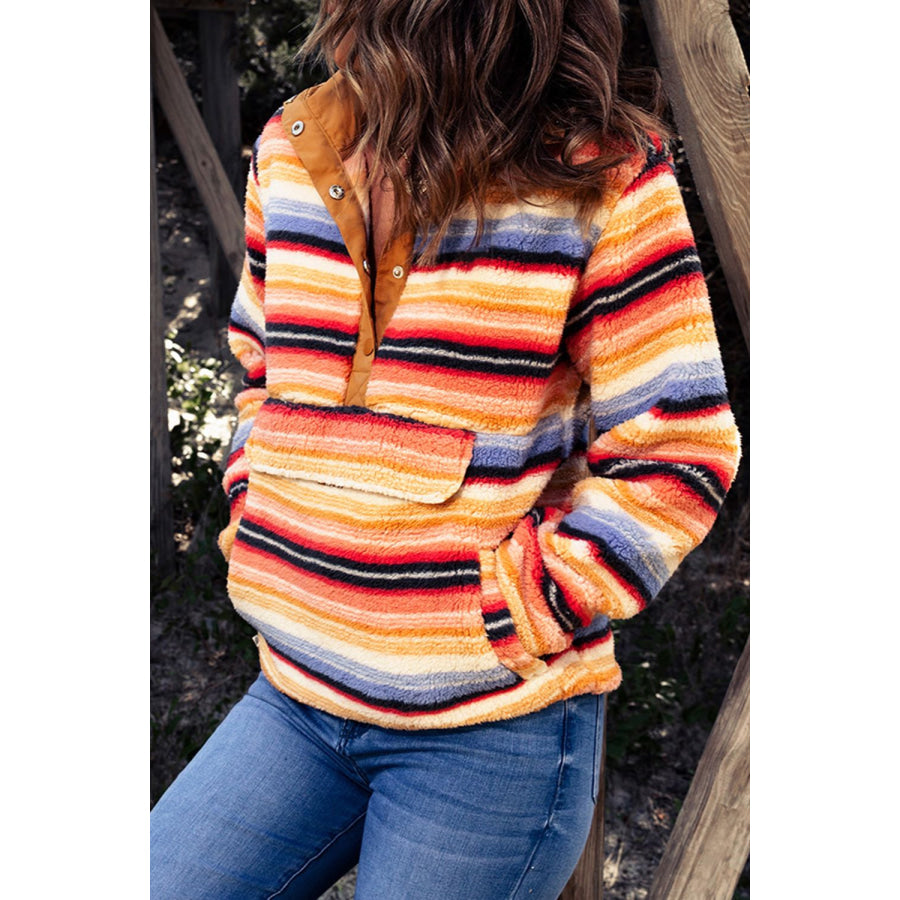 Contrast Striped Half Snap Long Sleeve Sweatshirt Apparel and Accessories