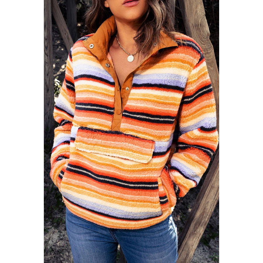 Contrast Striped Half Snap Long Sleeve Sweatshirt Apparel and Accessories