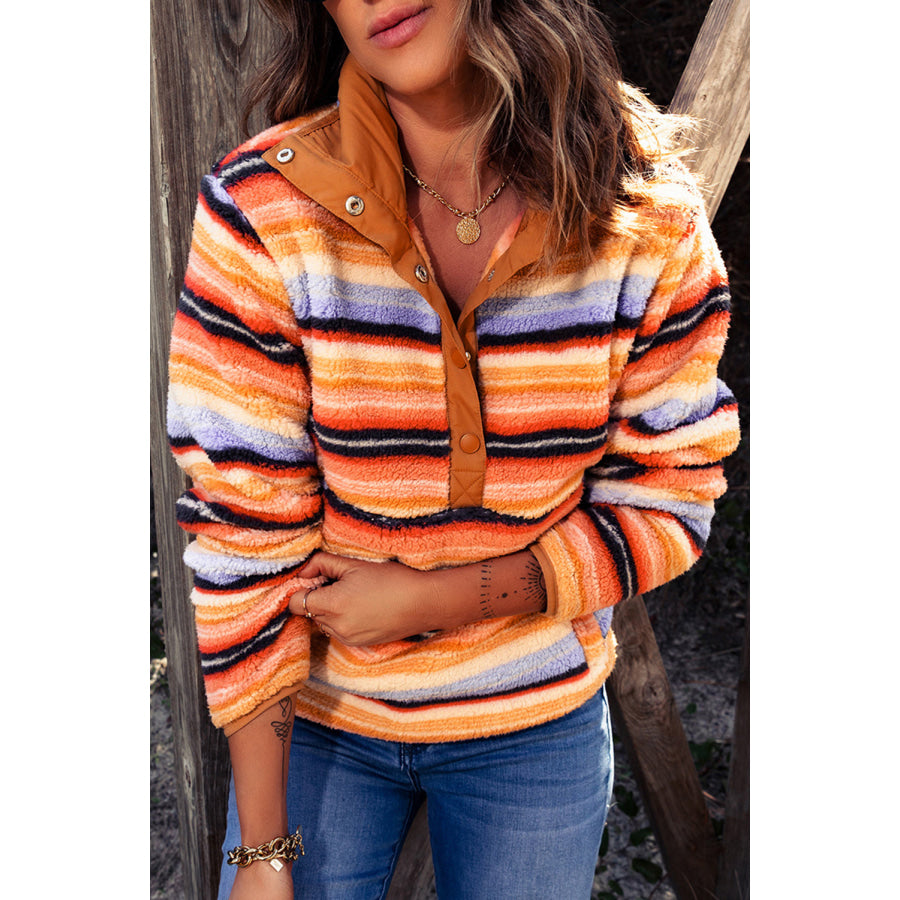 Contrast Striped Half Snap Long Sleeve Sweatshirt Apparel and Accessories