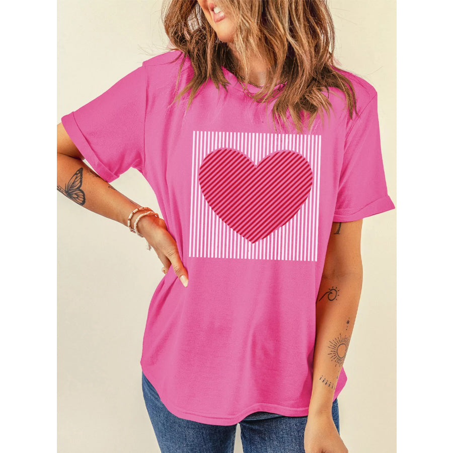 Contrast Striped Heart Printed Valentines Day T Shirt Apparel and Accessories